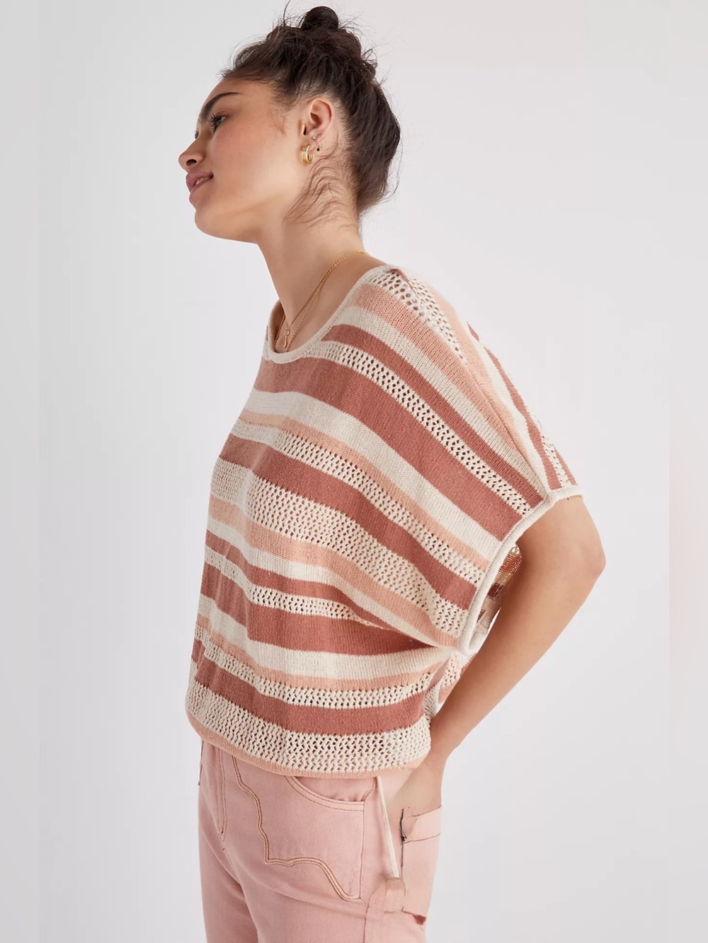 Dex Striped Open Knit Side Tie Poncho Top Brown Blush Cream Size 2X